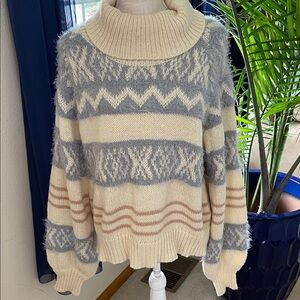 Woven Heart Cream and Gray-Blue Striped Turtleneck Sweater